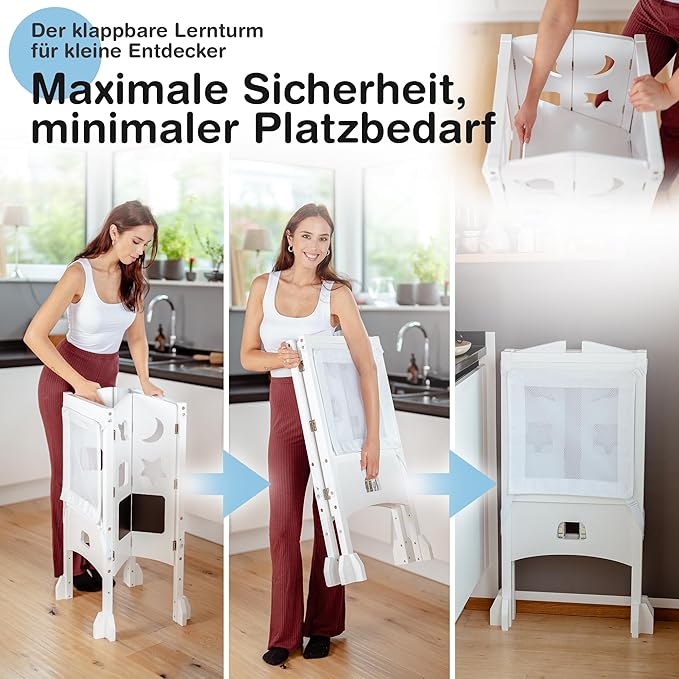 BabybeFun Lernturm ab 1 Jahr - Zusammenklappbarer Lernturm inkl. 360° Sicherheitsnetz - Extra stabiler und solider Lernturm - Lieferung vormontiert mit Kippschutz