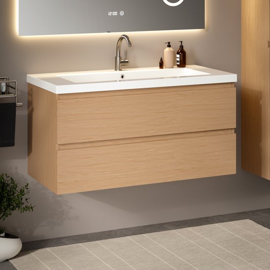 Mirlux Badezimmerschrank Hell-Eiche 100 cm – Waschbecken Weiß – Badezimmerschrank-Set – Waschbeckenunterschrank Hell-Eiche