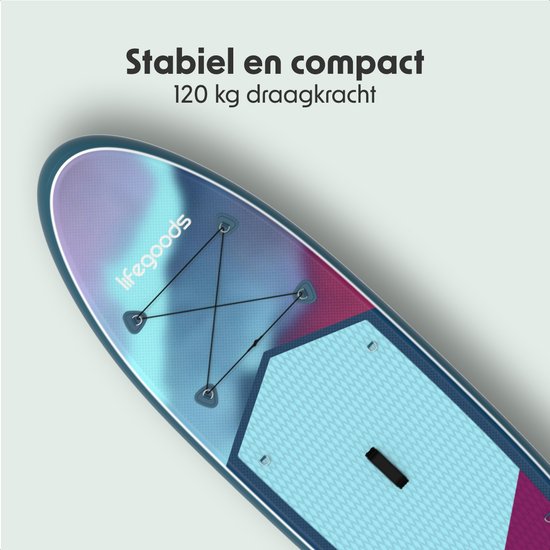 LifeGoods SUP Board All-round Compact - mit Sitz - 100 KG Tragfähigkeit - 300 x 76 cm - Aufblasbar - Komplettes SUP Paket - Blau/Lila