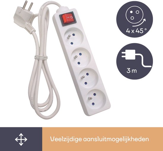 Perel Steckdosenleiste mit Schalter, 4 Steckdosen mit Schutzkontakt (Typ E), Kabel 3 m, 3G1,5, für den Innenbereich, weiß