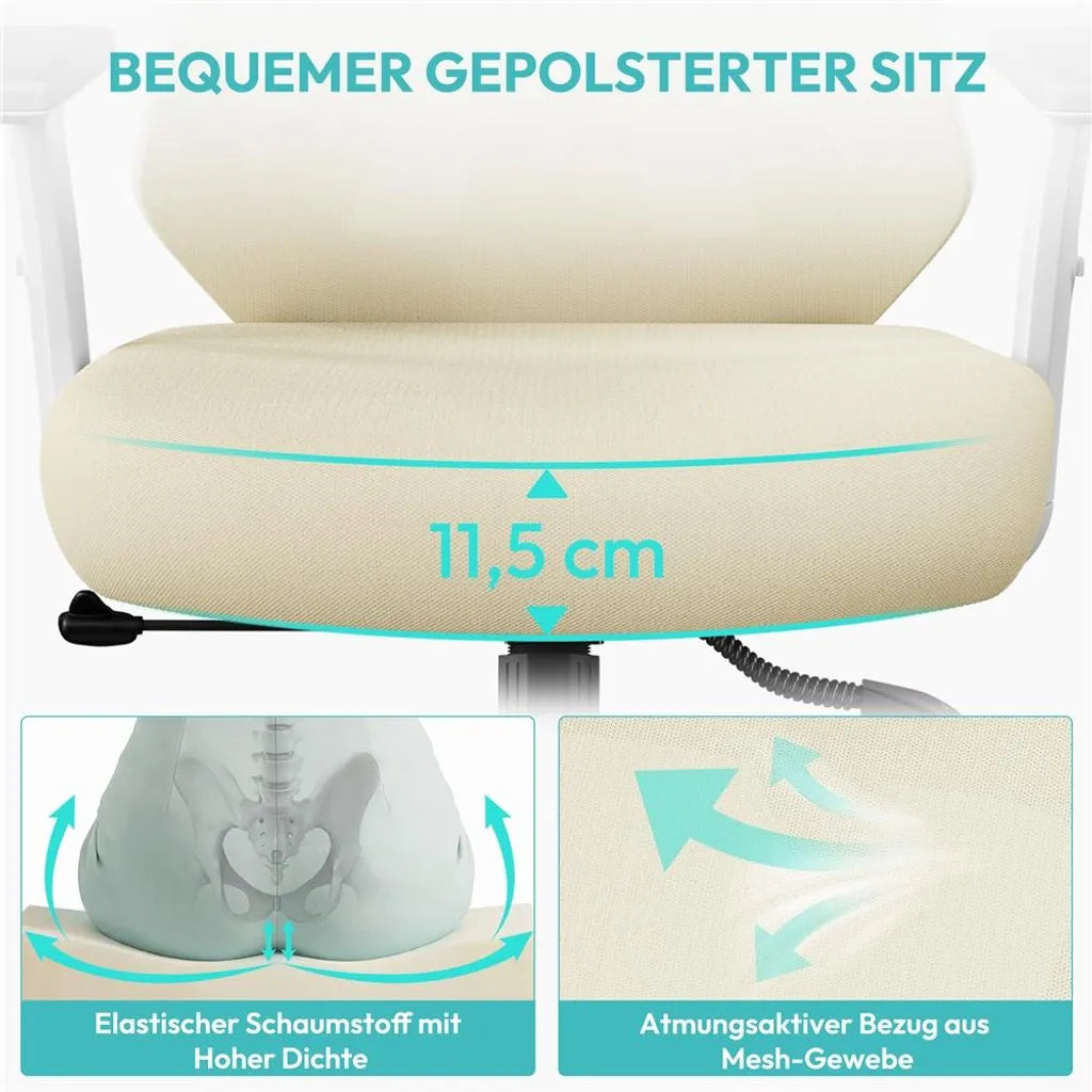 Yaheetech Ergonomischer Bürostuhl mit verstellbarer Kopfstütze und Lendenwirbelstütze – Beige – 70 x 59 x 115–125 cm