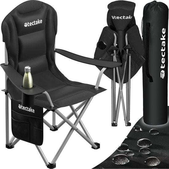 Tectake - gepolsterter Campingstuhl - Inklusive Becherhalter, Staufach und Tragetasche - Glamping-Stuhl - schwarz