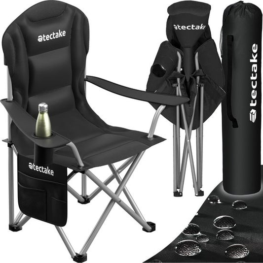 Tectake - gepolsterter Campingstuhl - Inklusive Becherhalter, Staufach und Tragetasche - Glamping-Stuhl - schwarz