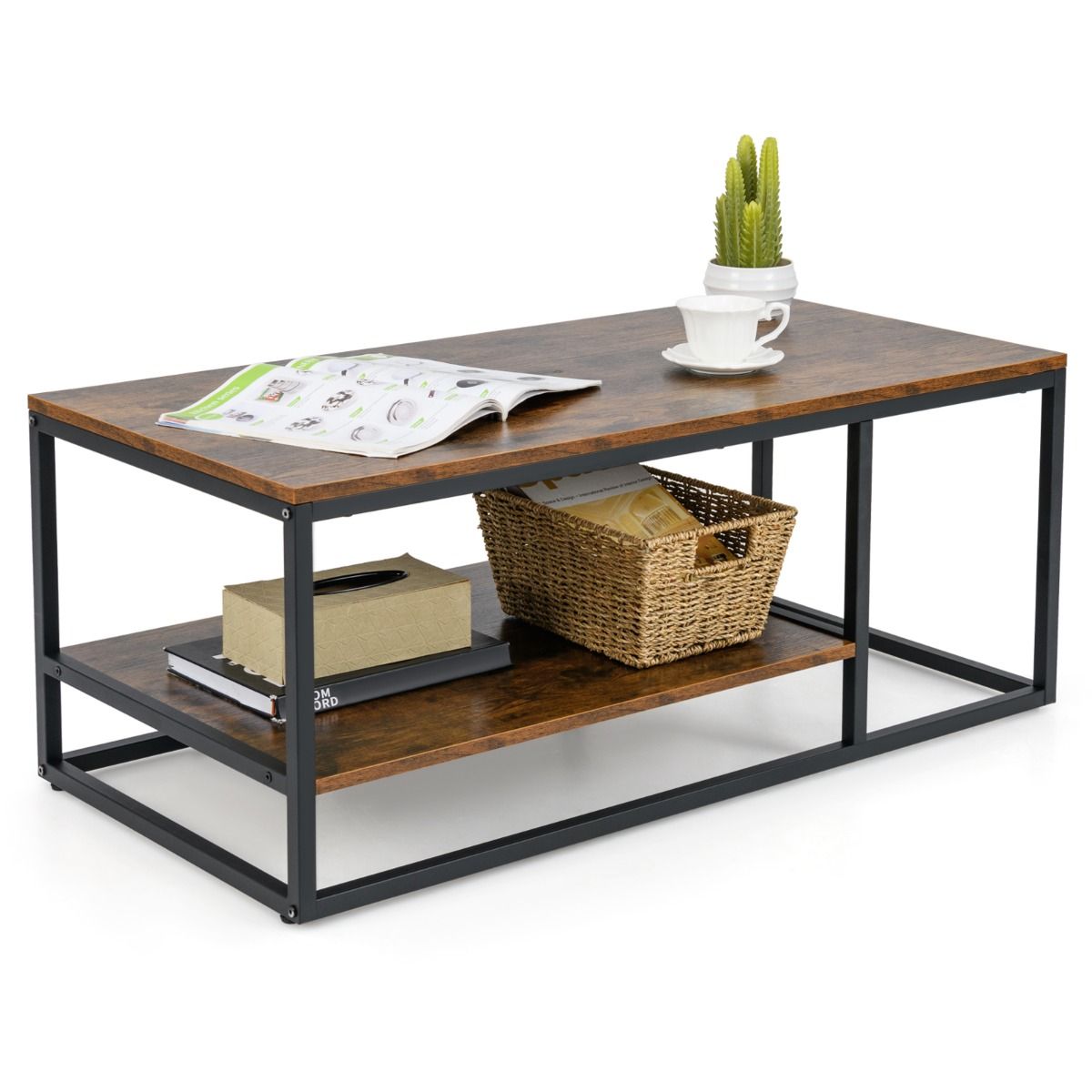 Coast Couchtisch – rechteckig – 2-stöckiger Stauraum – rustikales Braun und Schwarz – 105 x 50 x 42,5 cm