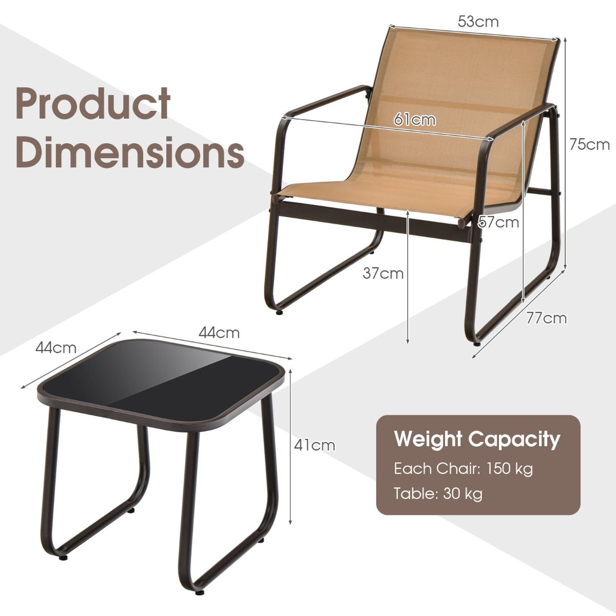 coast 3-tlg. Gartenmöbel-Set - 2 Stühle 77x61x75 cm + Couchtisch 44x44x41 cm - brauner atmungsaktiver Stoff & Metallgestell