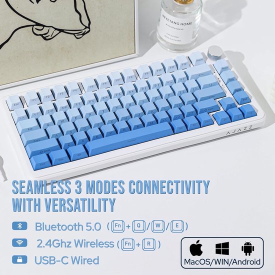Ajazz AK820 MAX - 75% Wireless Gaming Keyboard - Mechanisch - Seitlich bedruckte Tasten - Dichtung - Hot Swap - Tri Mode - QWERTY Tastatur - 82 Tasten - Gradient Blue