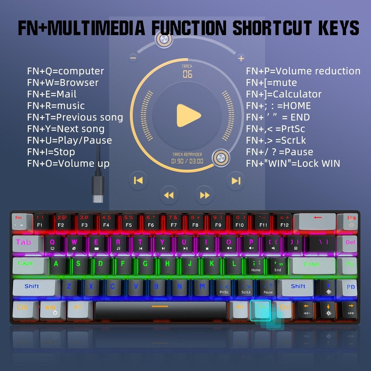 HXSJ V800 - Mechanische RGB-Gaming-Tastatur - QWERTY - 68 Tasten - TKL - Blauer Schalter - Schwarzgrau