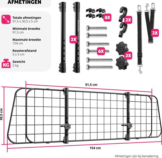 tectake - Auto-Hundehalterung - Universal mit variabler Breite bis max. 154 cm - Kofferraumschutz und -trenner - Inkl. 2 Sicherheitsgurte - Einfache Montage