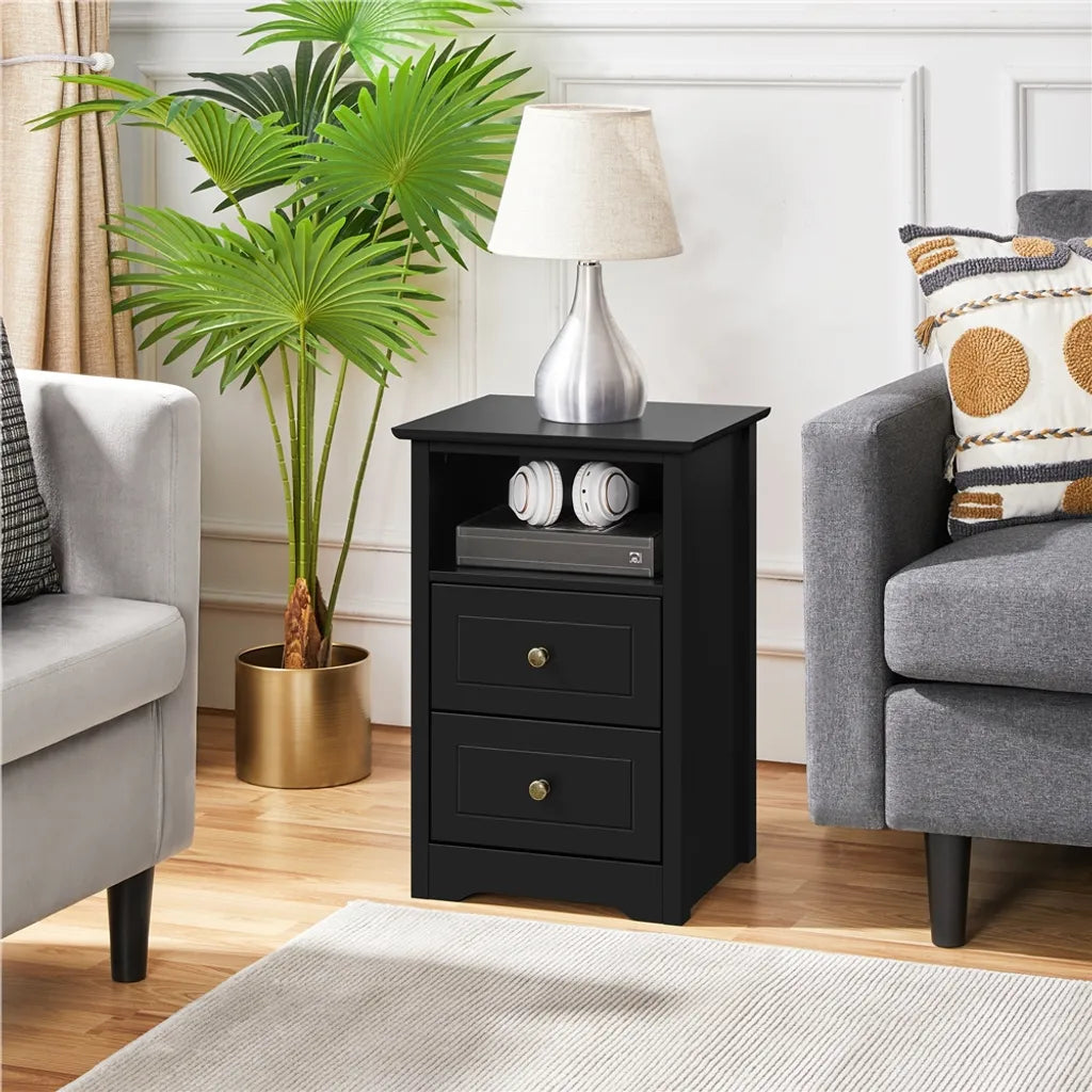 Yaheetech Nachttisch mit 2 Schubladen und Ablagefach – Schwarz – 40 x 35 x 60 cm