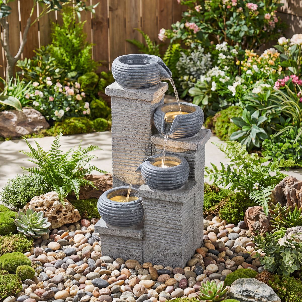 Coast Gartenbrunnen mit LED-Beleuchtung – Vierstufiger Wasserfall – Kunstharz und Glasfaser – Grau 28 x 22 x 58 cm