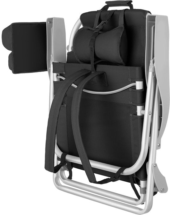 tectake® Beach Chair Coral - faltbarer Campingstuhl mit Kühltasche und Aufbewahrungstasche - 5-fach verstellbare Rückenlehne mit Kopfkissen - breite Armlehnen mit Becherhalter / Telefonhalter - faltbarer Campingstuhl - Schwarz