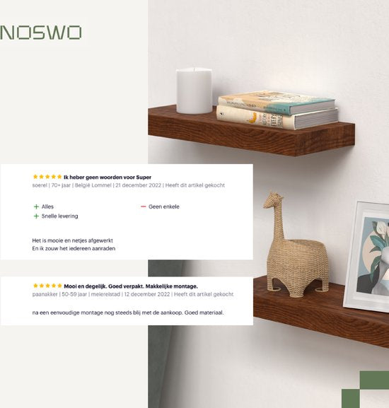Noswo Schwebendes Wandregal - 2er Set mit 15 kg Belastbarkeit - Massives Mangoholz - Wandregal - 43x16,8 x4 cm - Kann als Wandregal, Bücherregal und Fotoregal verwendet werden - Inklusive Befestigungsmaterial