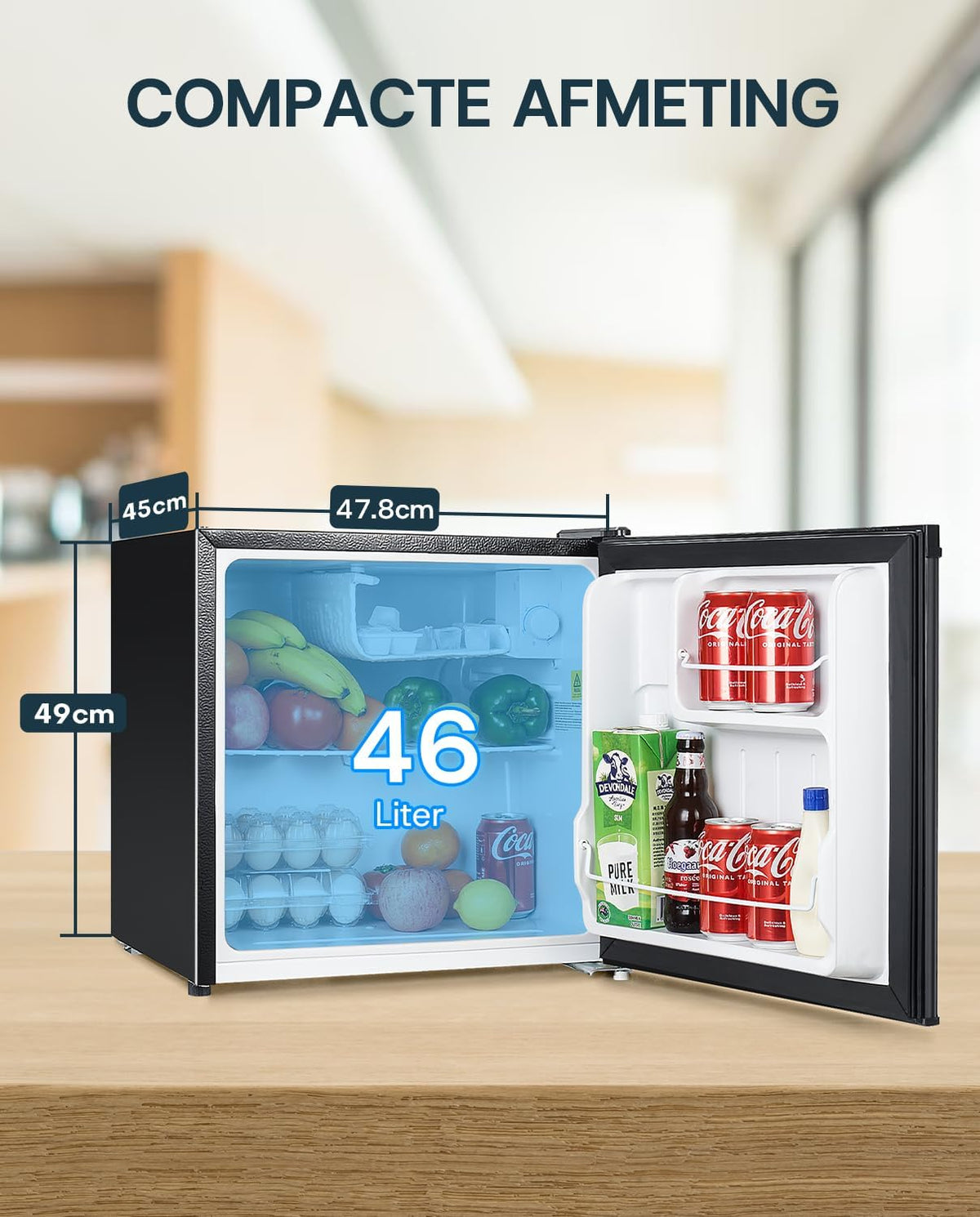 Upstreman Mini-Kühlschrank mit Gefrierfach FR17 – 46 Liter – 41 dB leise – Schwarz – Metall