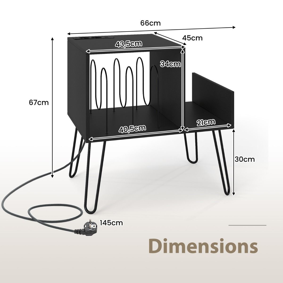 Coast Plattenspieler-Ständer – Beistelltisch mit Steckdose und USB-Anschluss – Mid-Century-Stil – weiß/schwarz/braun – 66 x 45 x 67 cm