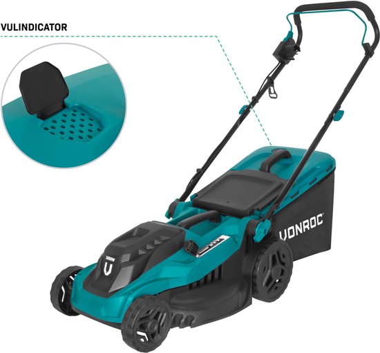 VONROC Rasenmäher - 1600W - 38 cm Schnittbreite - Fünf einstellbare Schnitthöhen: 25/40/50/60/70 mm - Inkl. 42L Auffangbehälter