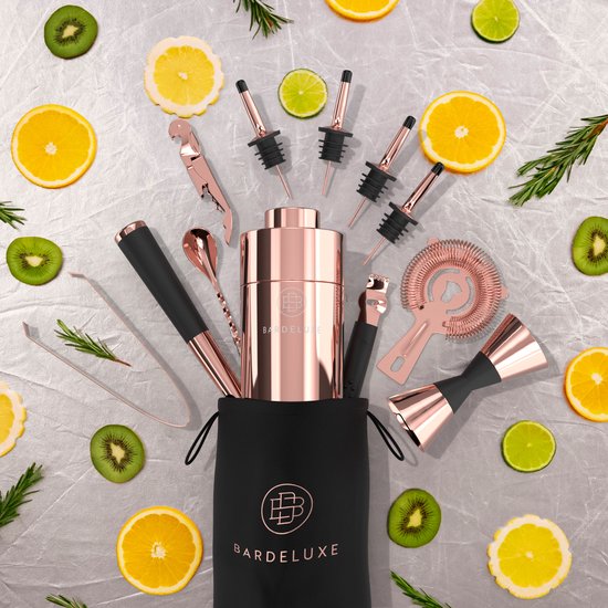 BarDeluxe® Cocktail-Set – 12-teilig – Cocktailshaker 750 ml – Edelstahl – inklusive luxuriöser Geschenkbox – Aufbewahrungstasche & Rezeptbuch – Roségold