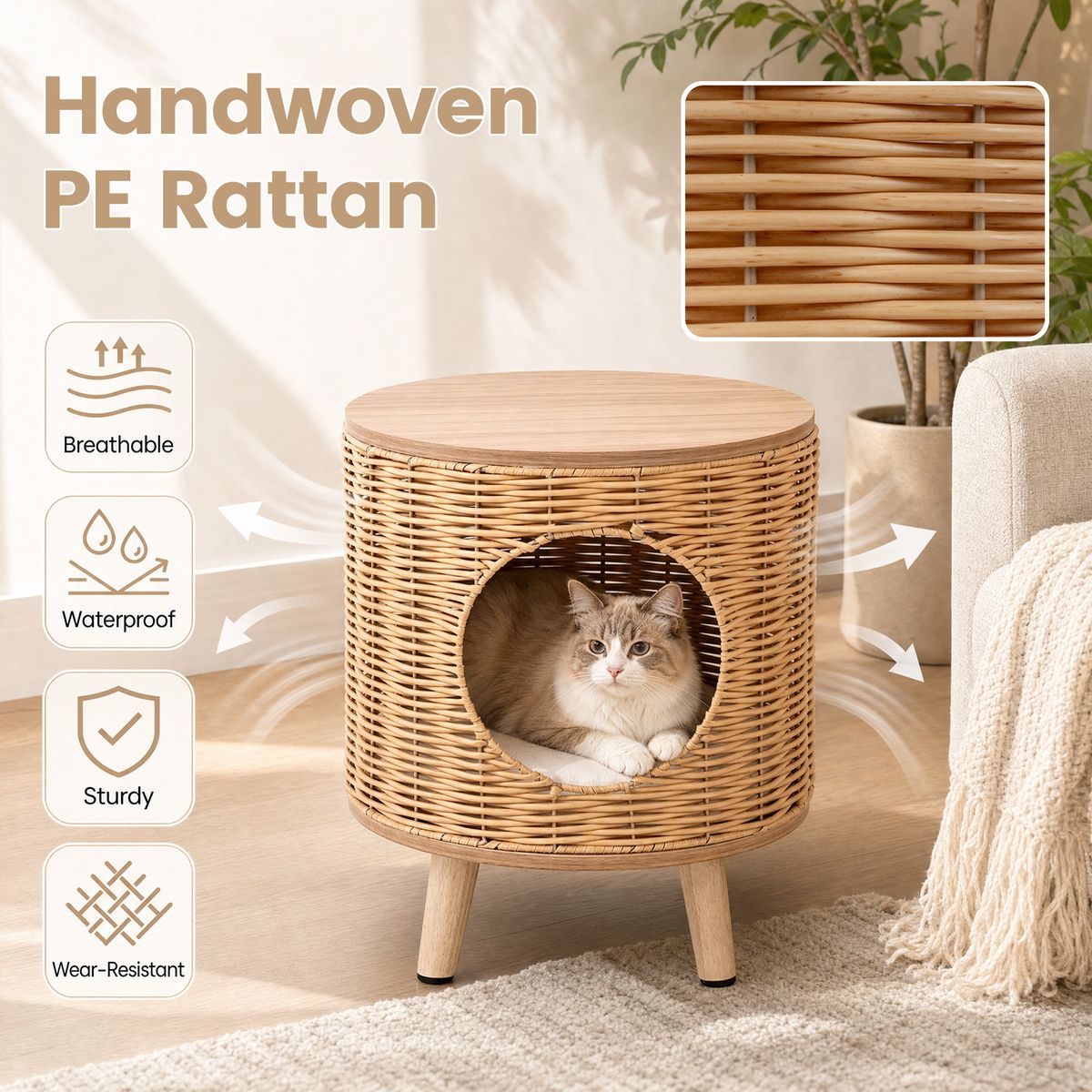 Coast Katzenhaus mit Rattanrahmen – abnehmbares Kissen – auf Füßen – naturfarben – 36 x 41 cm