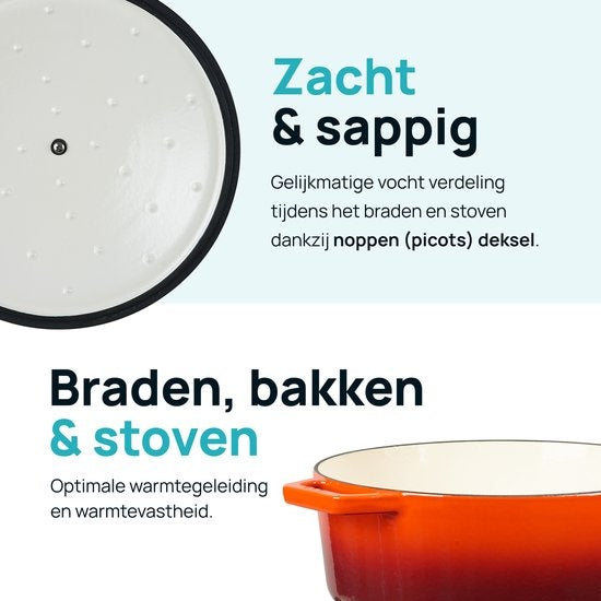 MOA Gusseisen-Kasserolle - Fassungsvermögen 7,2 Liter - 30CM - Rund - Alle Wärmequellen - Auch für Induktion - Gewicht 7,3 kg - Orange Rot - C30OR