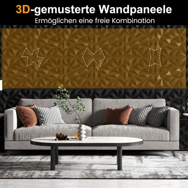 Coast 3D-Wandpaneele „Diamant“ – 40 Stück à 50 x 50 cm – 10 m² – Schwarz