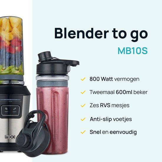 MOA Blender - Blender to Go - Mini-Mixer - 2 600ml Tritan-Behälter - Smoothie-Maker - 800W - Silber - MB10S