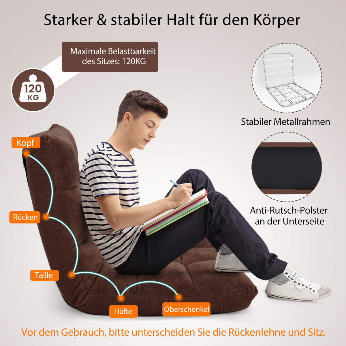 Coast Bodenstuhl mit verstellbarer Rückenlehne - Max. 90 kg - 105 x 56 x 15 cm - Braun