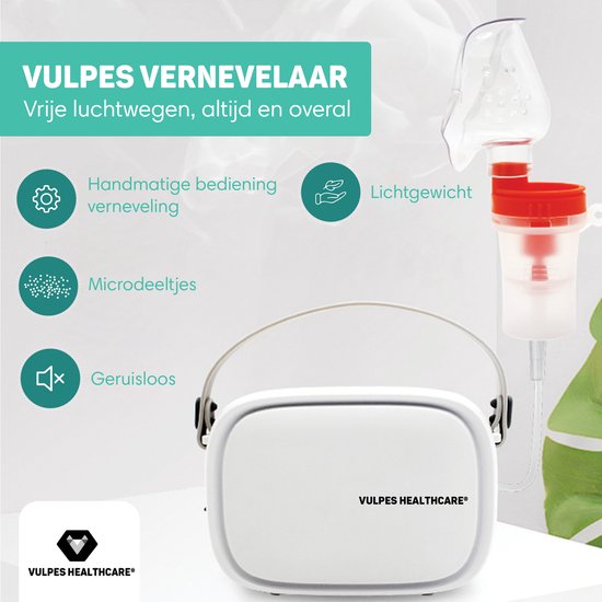 Vulpes Goods® HealthCare - Aerosolgerät - Ultraschallvernebler Inhalator - Vernebler - Inhalationsgerät für Kinder, Erwachsene und Babys - Endlosmodus - Hilft gegen Atemwegserkrankungen - Inkl. 3 Mundstücke