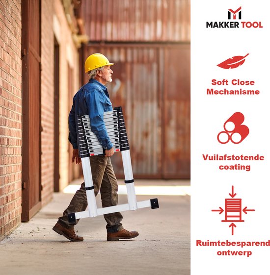 Makker Tool Teleskopleiter 3,2 Meter – Stabilisierungsfuß & Soft-Close