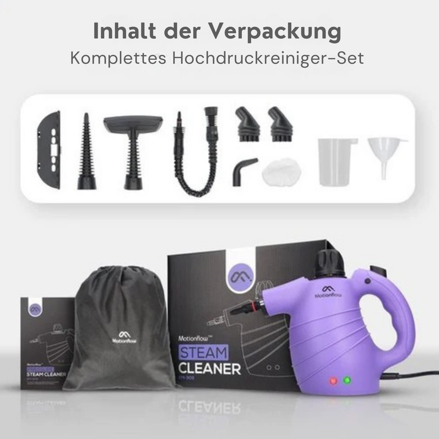 Motionflow - Dampfreiniger Pro - 1150 Watt - 12-in-1 - 450ML - 12-teiliges Zubehörset - Lila