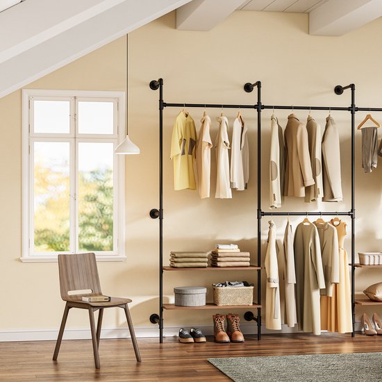 SoBuy Wandgarderobe mit 4 Kleiderstangen und 4 MDF-Regalböden, offener Kleiderschrank, Tragkraft 120 kg für das Schlafzimmer, 265 x 48 x 220 cm, Industrial-Schwarz KLS19-SCH