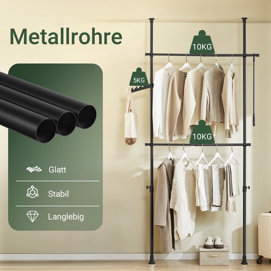 SoBuy Teleskop-Kleiderständer – Verstellbares Aufbewahrungssystem – Kleiderstangensystem – B(75–126) × H(200–295) cm, Schwarz, FRG109-II-SCH