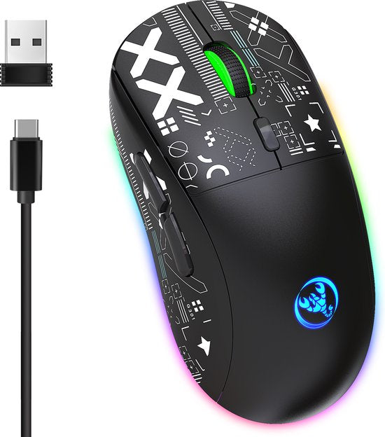 HXSJ T90 2.4G Silent Wireless Gaming Mouse - Bluetooth - Computermäuse - Ultraleicht - RGB-Beleuchtung - Schwarz