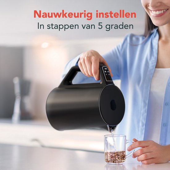 KitchenBrothers Wasserkocher - Elektrisch - 1,5L - 2200W - Einstellbare Temperaturregelung - Doppelwandig - Edelstahl-Wasserkocher - Schwarz