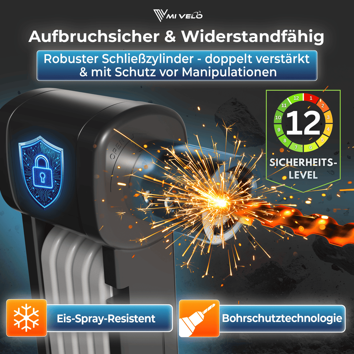MIVELO Faltschloss mit Schlüssel – 85 cm – Schwarz – Kohlenstoffstahl
