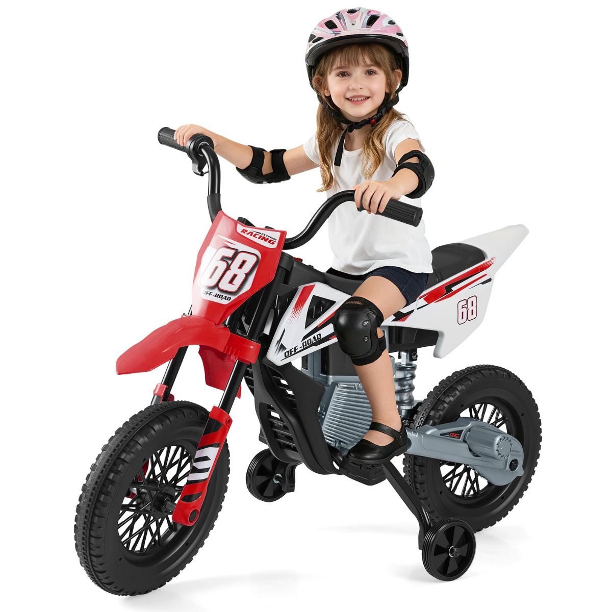 Coast Elektrisches Kinder-Motorrad – Musik und Bluetooth – Stützräder – rot