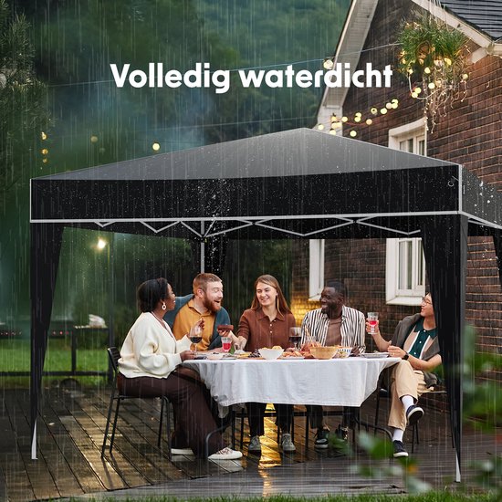 LifeGoods Party Tent Plus - Faltzelt - 3x3 m - Easy Up - Verstärkter Rahmen - Wasserdicht - Tragetasche - Schwarz