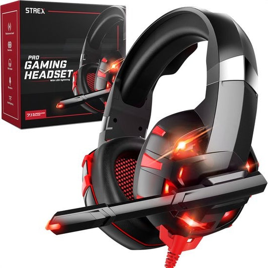 Strex - Gaming Headset - mit Mikrofon – 2,2m Kabel - für PC, PS4, PS5, & Xbox Seies - Schwarz/Rot