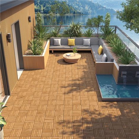 Yaheetech Terrassenfliesen aus Akazienholz, 10er-Set – 31 x 31 cm – Klickfliesen für Garten, Balkon und Terrasse