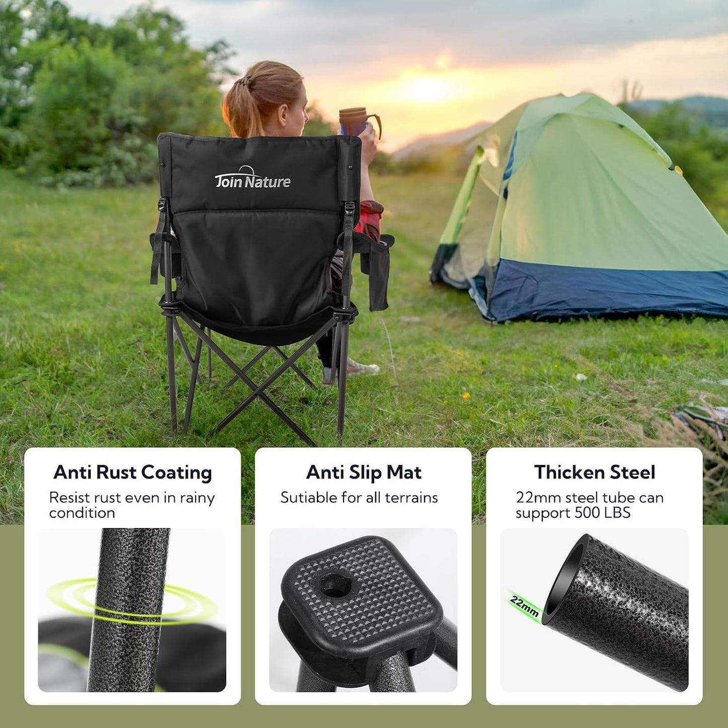Join Nature Klappbarer Campingstuhl – Schwarz – 56 x 94 x 97 cm – Belastbar bis 227 kg