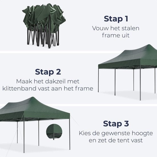 LifeGoods Partytent - Paviljoen - 3x6 m - Zijwanden - Easy Up - Opvouwbaar - Waterdicht - Draagtas met Wieltjes - Donkergroen