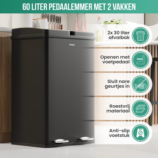 Avalo Mülleimer Abfalltrennung 60 Liter - Edelstahl Schwarz - 2 Fächer - Umweltbewusst, Hygienisch & Fingerabdruckfrei - Treteimer / Mülleimer