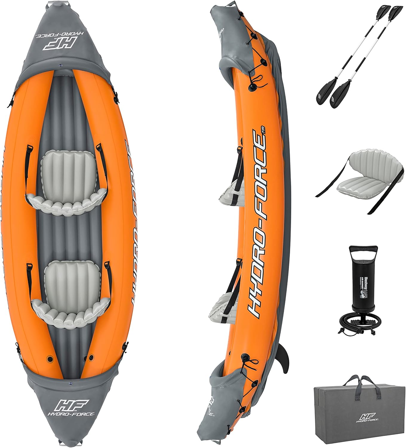 Hydro-Force Rapid – Aufblasbares Kajak für 2 Personen – mit Sitzen – Rückenlehne – Paddel – Handpumpe – und Tragetasche – Orange