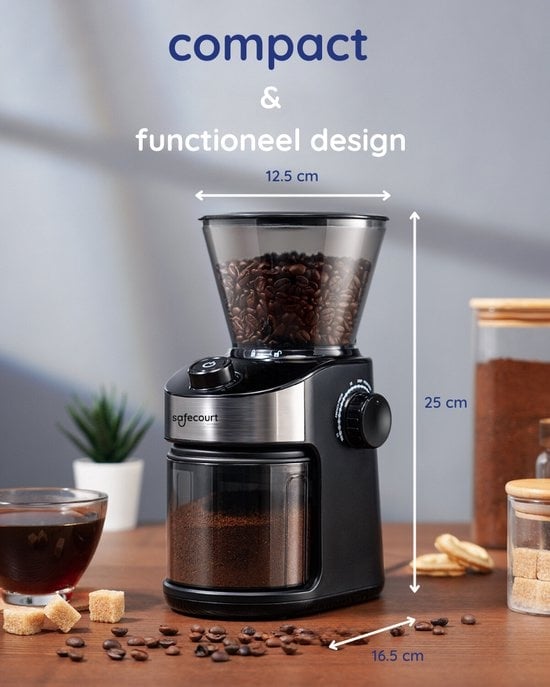 Safecourt Elektrische Kaffeemühle Deluxe - 25 Funktionen - 1000W - Für Kaffeebohnen - Schwarz