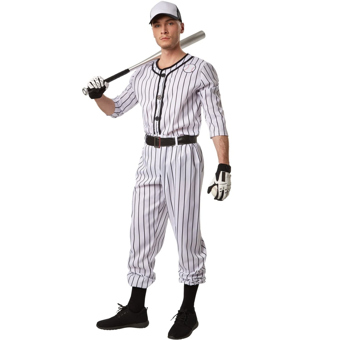 Baseball-Kostüm für Herren - Größe M - schwarz/weiß - bestehend aus Hose, Oberteil, Gürtel und Socken