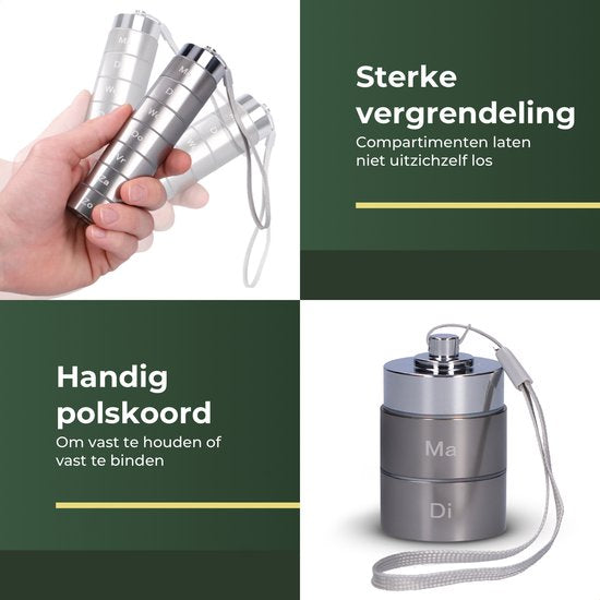 Gandria Pillendose 7 Tage - Herausnehmbare Pillendose - Pillendose mit 7 Fächern - Medikamentenbox mit stabilem Verschluss - Hülle - Wasserdicht - Grau