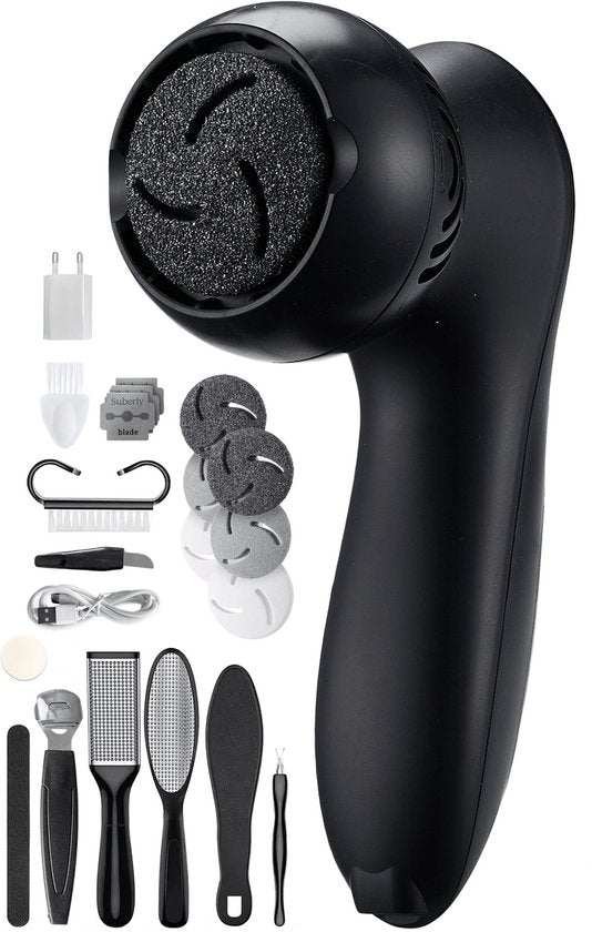 Vulpes Goods® BeautyCare - Elektrischer Hornhautentferner PRO - Inkl. 6 Hornhautscheiben - Hornhautentferner elektrisch - Professionelles Hornhautentferner-Set, 10-teiliges Pediküre-Set und Reisetasche - Fußfeile - Usb aufladbar - IPX7 wasserdicht