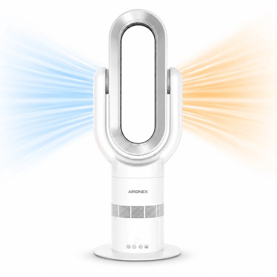 Aironex Swing kabelloser Ventilator mit Heizfunktion – Heizventilator – 2-in-1: Kühlen & Heizen – 10 Stufen – 71° Schwenkbereich – Fernbedienung – Weiß