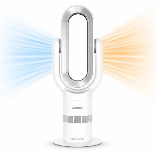 Aironex Swing kabelloser Ventilator mit Heizfunktion – Heizventilator – 2-in-1: Kühlen & Heizen – 10 Stufen – 71° Schwenkbereich – Fernbedienung – Weiß