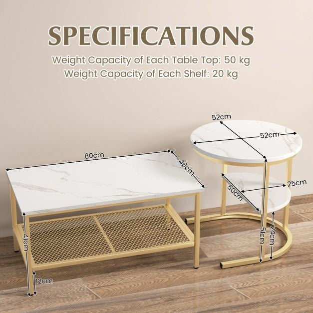Coast 2er-Set Beistelltische - Couchtische mit goldenem Metallgestell - Max. 50KG - Gold/Weiß