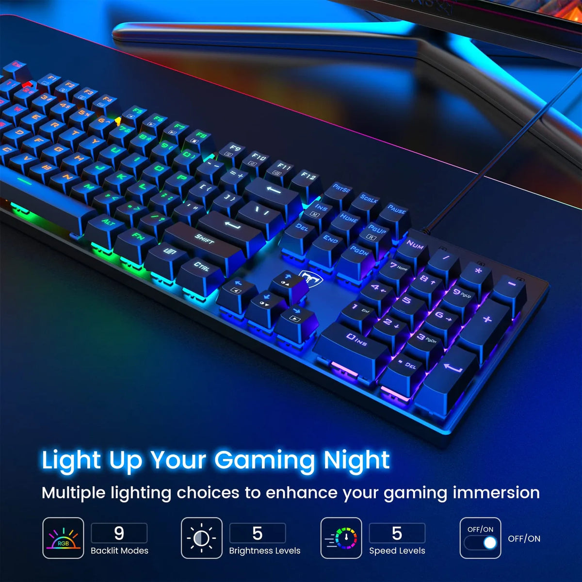 ET Mechanische Tastatur, USB, kabelgebunden – 104 Tasten – blaue Schalter, RGB, Anti-Ghosting