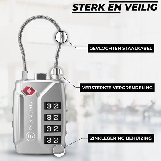 EverNeeds Kofferschloss - TSA-Schloss - 4-stelliges Vorhängeschloss - Zahlenschloss - Silber - 2 Stück